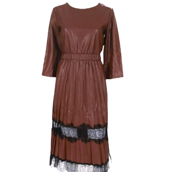 Mucha et Muchette NWT Dress Faux Leather Caramel Brown Black - Picture 3 of 14